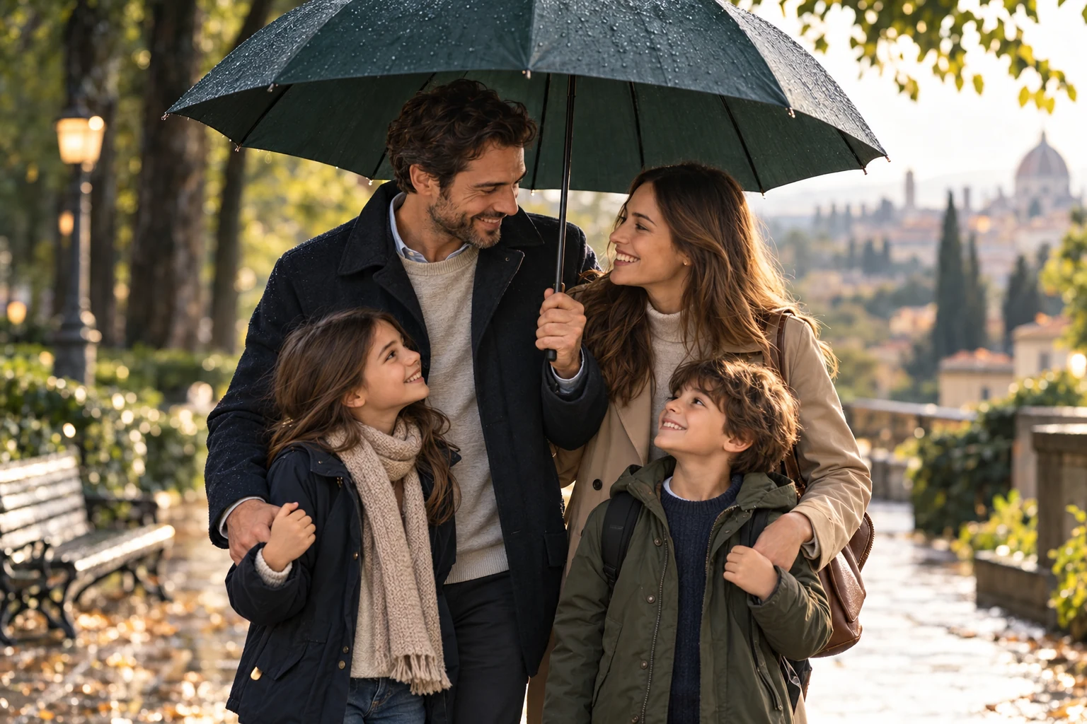 Famiglia insieme sotto un ombrello